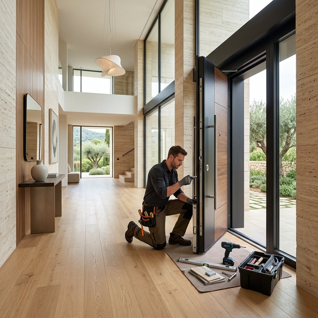 Technicien SecurHome en train d'installer une porte blindée sur mesure